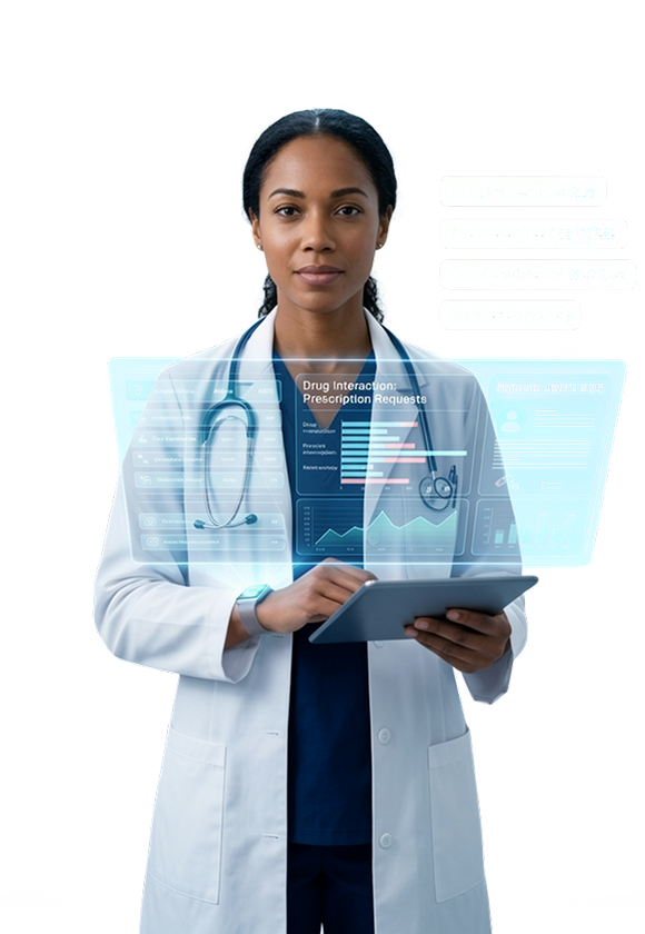 Healthcare professional using an AI-powered medical data platform on a tablet