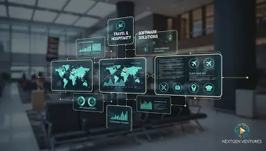 Digital dashboard displaying travel and hospitality analytics, booking data, and global operations