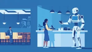 Service robot assisting a guest at a hotel reception desk