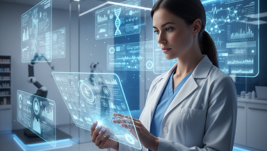 Female doctor in a lab coat using a transparent holographic touchscreen with medical charts and a DNA visualization, illustrating AI in healthcare