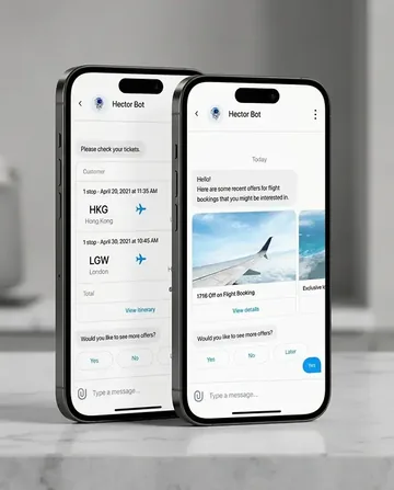 AI travel chatbot displaying flight tickets and personalized booking offers