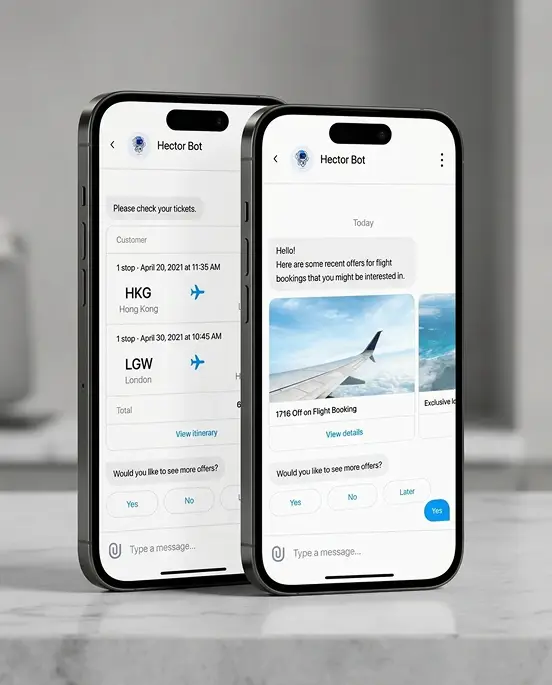 AI travel chatbot displaying flight tickets and personalized booking offers