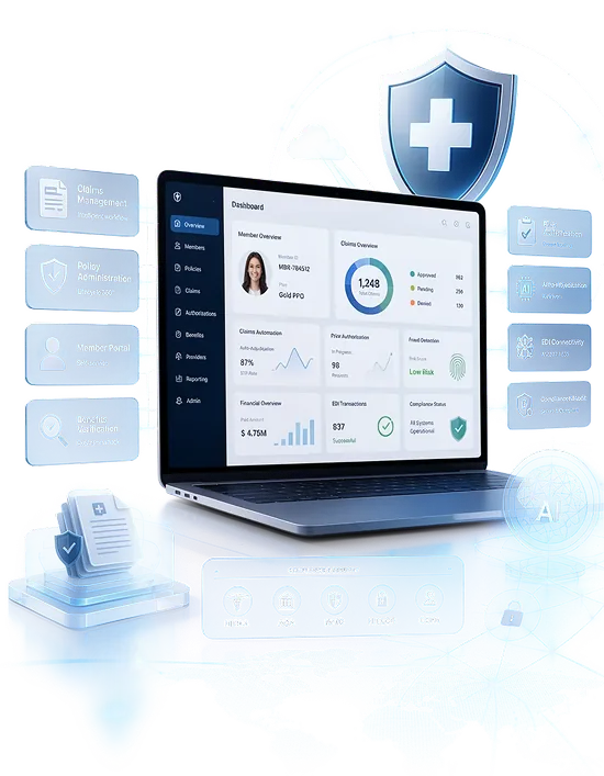 Health insurance platform dashboard on a laptop with feature callouts — claims management, policy administration, member portal, prior authorization, EDI connectivity — plus a medical shield and HIPAA/ACA/NAIC/HITECH compliance badges