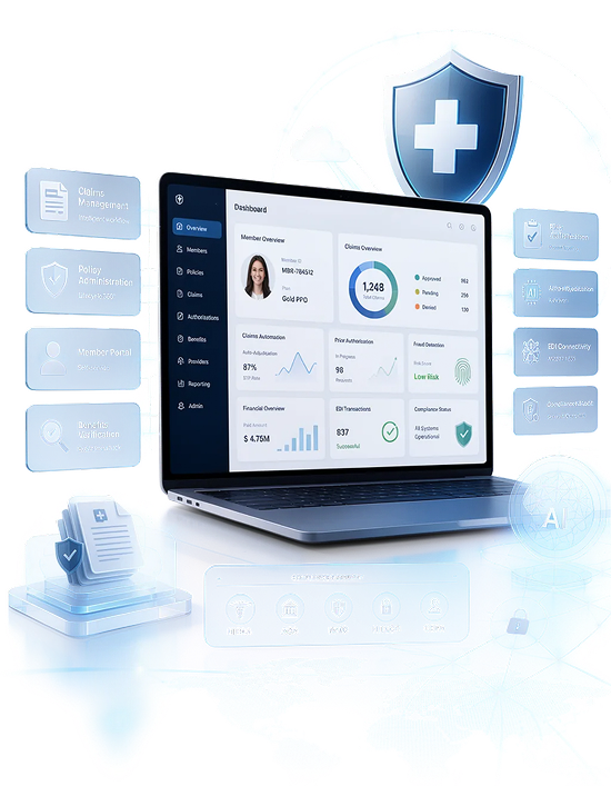 Health insurance platform dashboard on a laptop with feature callouts — claims management, policy administration, member portal, prior authorization, EDI connectivity — plus a medical shield and HIPAA/ACA/NAIC/HITECH compliance badges