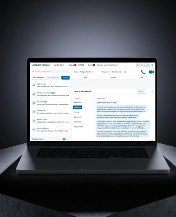 Laptop showing a clinic patient-messaging dashboard for "Lifepoint Clinic" with a conversation list, chat tabs, and quick-message templates