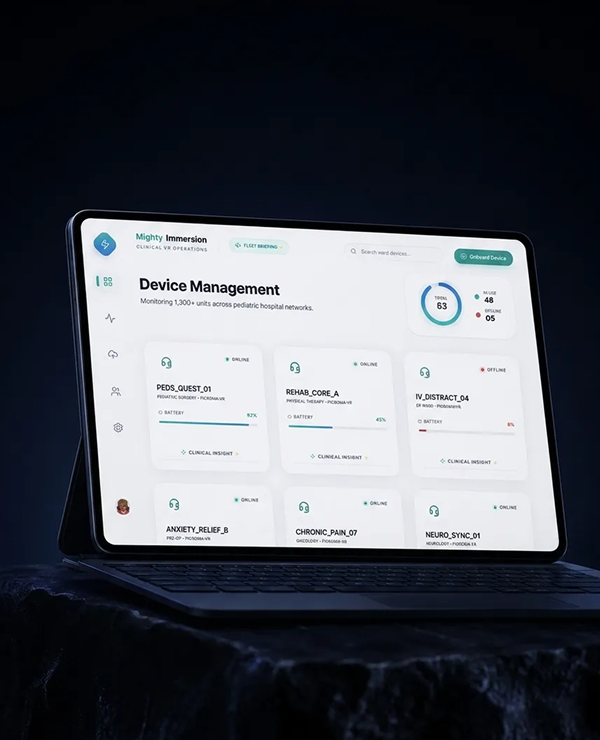Tablet showing a "Device Management" dashboard for clinical VR operations, monitoring pediatric hospital VR units with online status, battery levels, and clinical insights