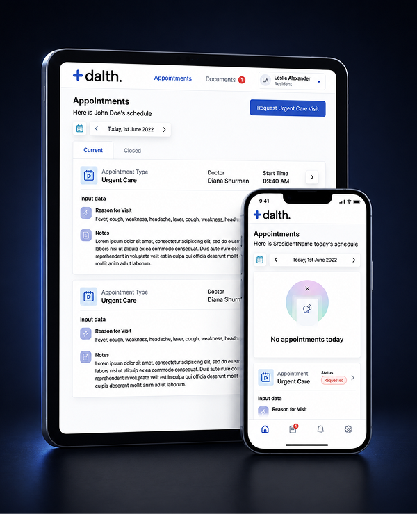Tablet and smartphone showing a telemedicine app "Appointments" schedule with urgent-care visit details, reason for visit, and a "Request Urgent Care Visit" button