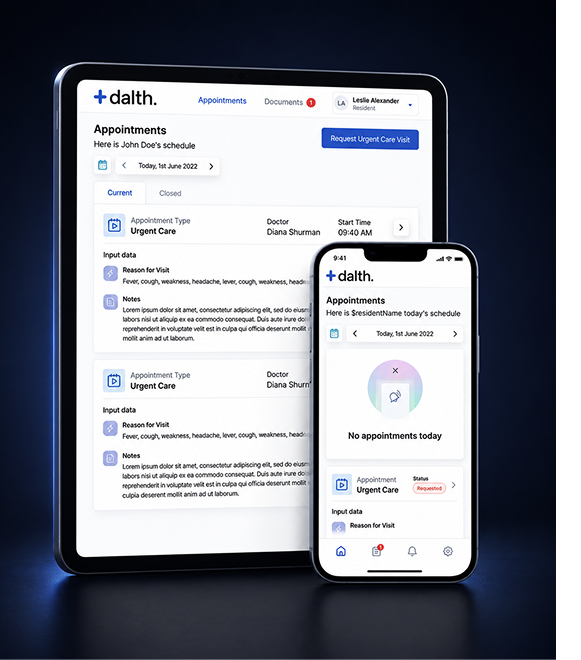 Tablet and smartphone displaying the dalth healthcare app's Appointments screen, shown against a dark blue background.