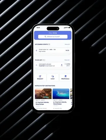 Corporate travel management app displaying flights, tasks, chat, and hotel recommendations
