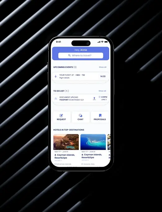 Corporate travel management app displaying flights, tasks, chat, and hotel recommendations
