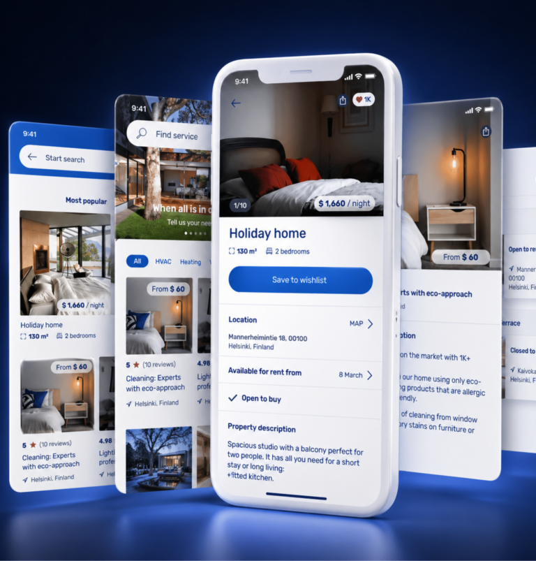 Real estate mobile app showing a "Holiday home" listing in Helsinki at $1,660 per night with property details and a "Save to wishlist" button, layered over search and service-listing screens
