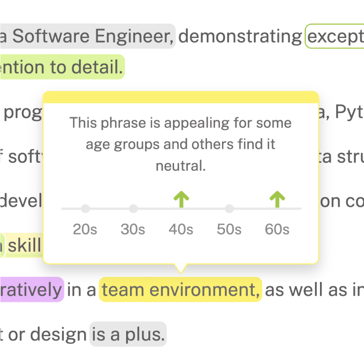 Textio job description editor highlighting inclusive-language phrases with a tooltip showing which age groups a phrase appeals to