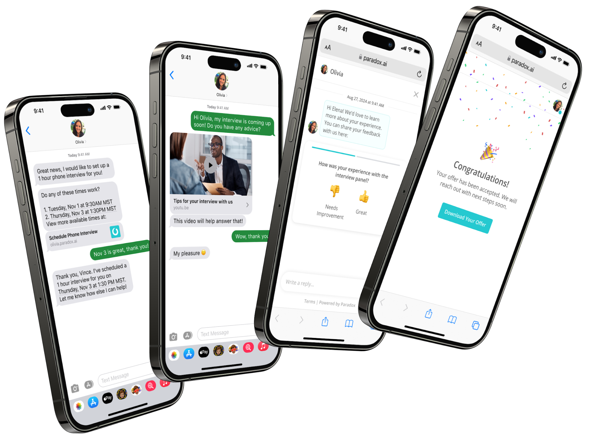 Paradox assistant Olivia texting candidates on four iPhones to schedule an interview, share tips, collect feedback and confirm an accepted offer