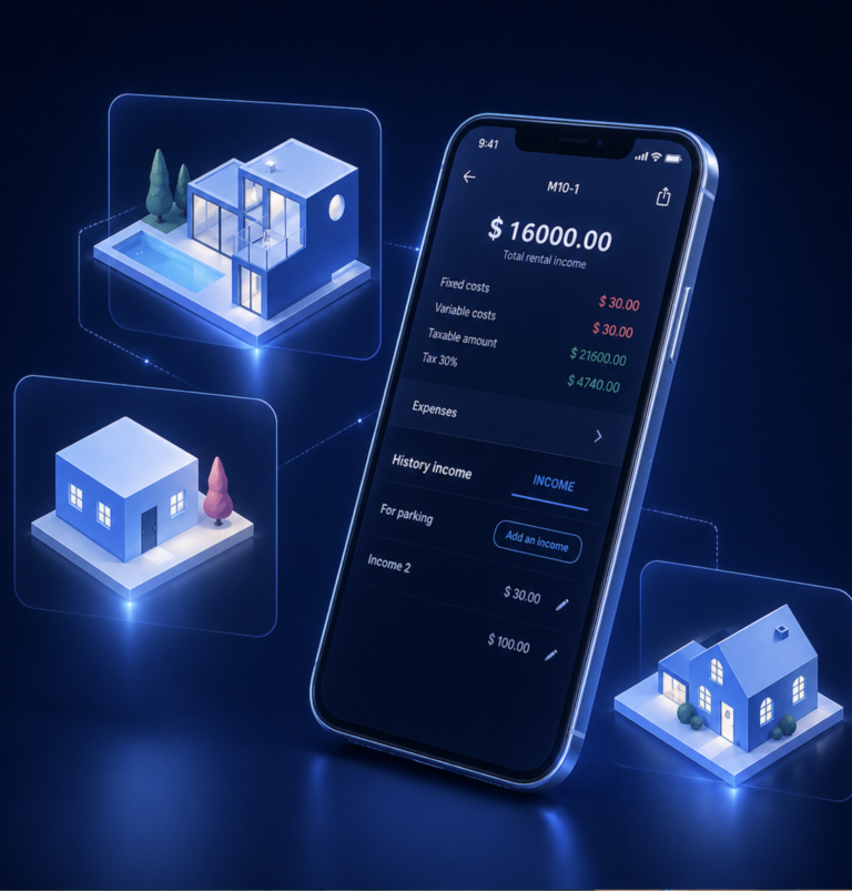 Rental income tracking screen in a real estate app displaying $16,000 total with a breakdown of costs and taxes, surrounded by 3D house icons on a dark blue background