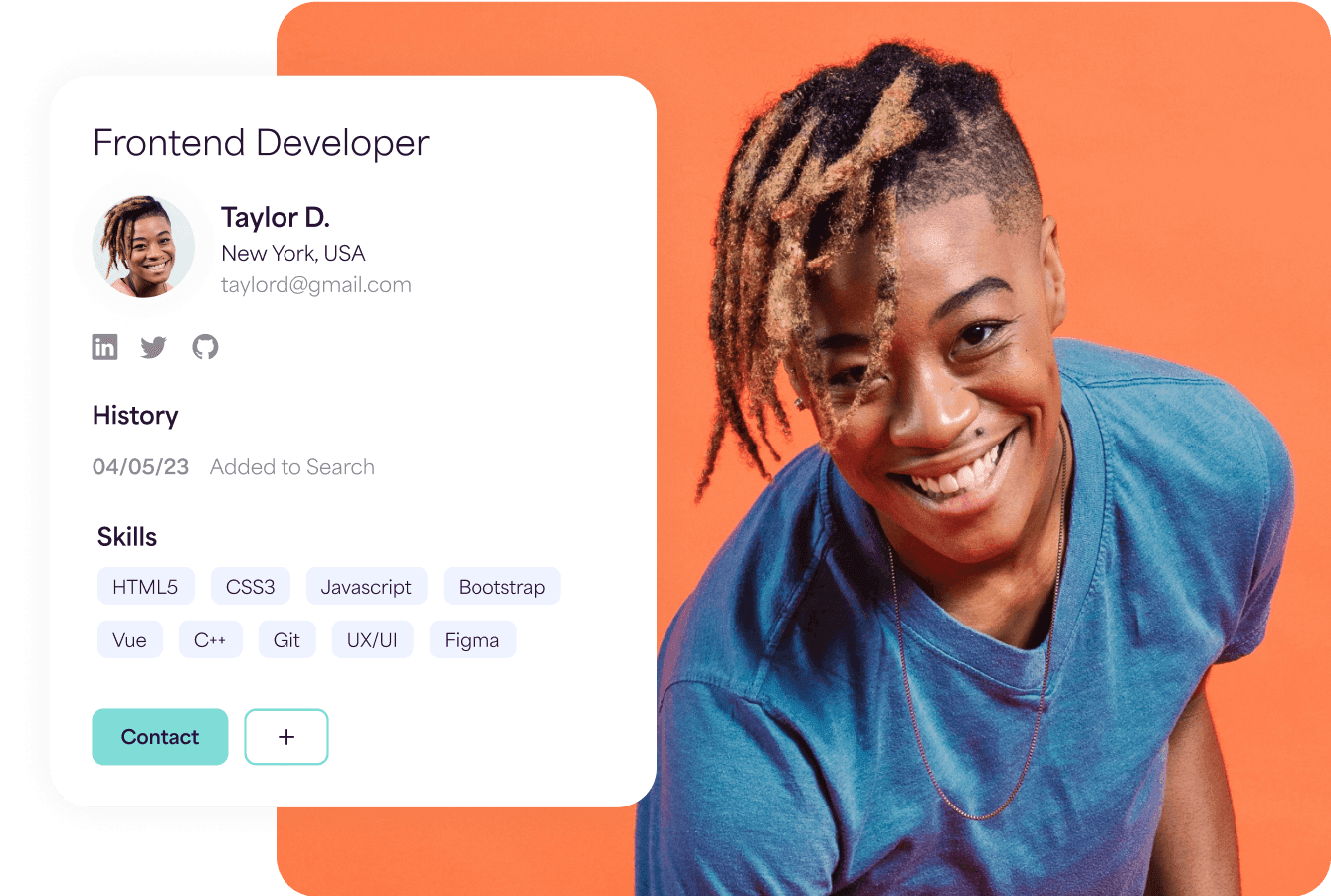 Fetcher candidate profile card for a New York frontend developer with photo, contact links and skill tags