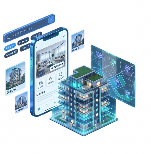 3D illustration of a property search app: a smartphone with an $890,000 listing card, floating search filters, a price map, and an isometric apartment building