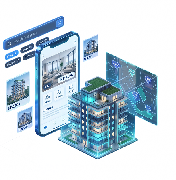 3D illustration of a property search app: a smartphone with an $890,000 listing card, floating search filters, a price map, and an isometric apartment building