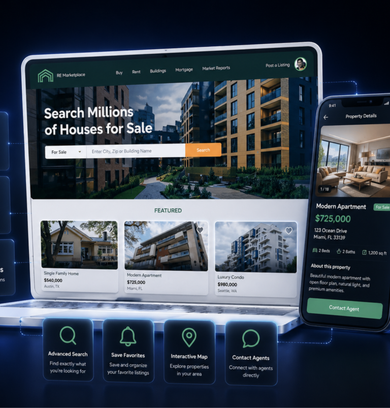 Real estate marketplace platform on a laptop and smartphone showing a "Search Millions of Houses for Sale" homepage, featured listings, and key features — advanced search, save favorites, interactive map, and contact agents