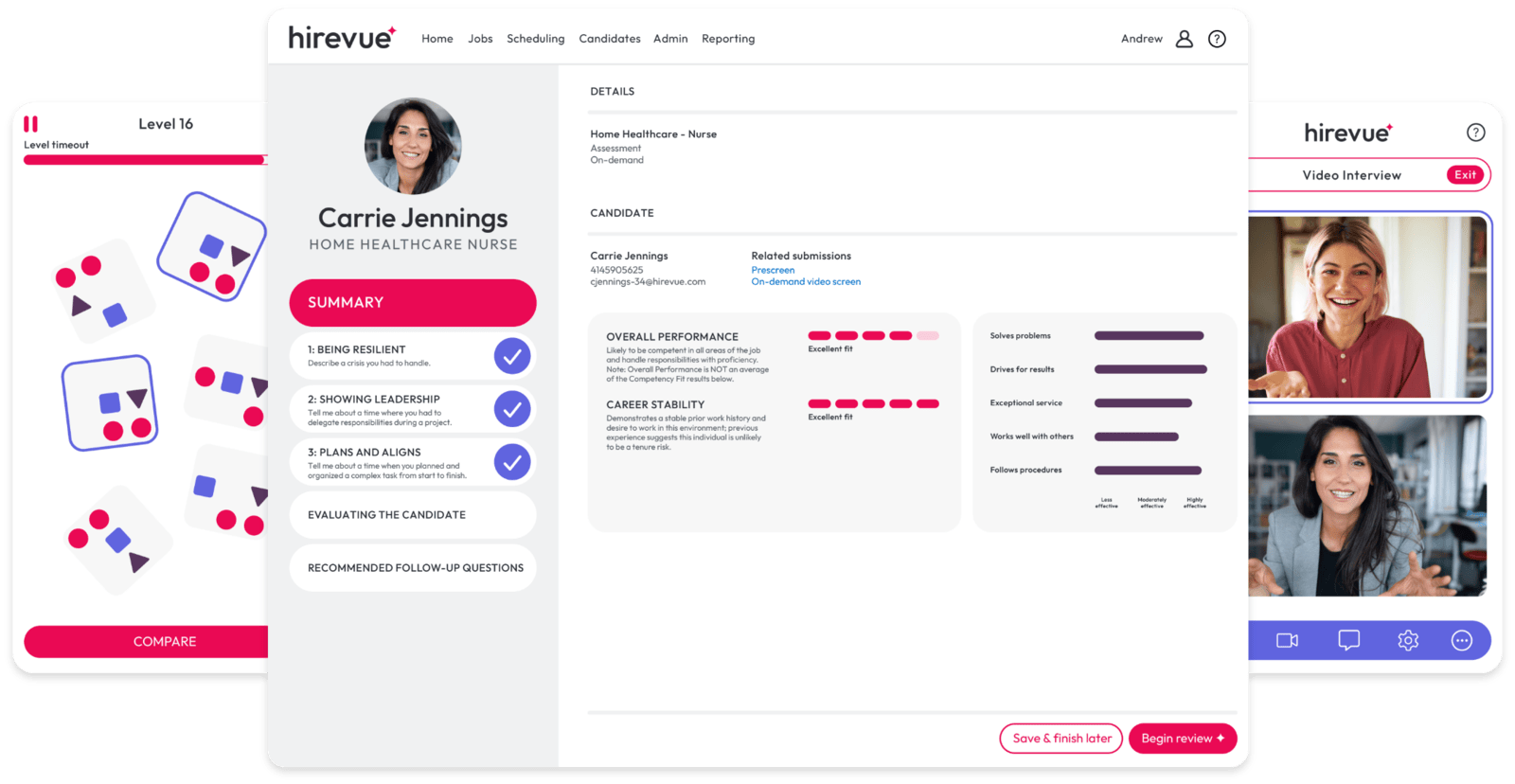 HireVue candidate assessment for a home healthcare nurse showing game-based tasks, competency scores and a video interview