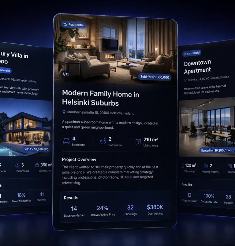 Real estate listing interface on a dark background with property cards — "Modern Family Home in Helsinki Suburbs" (sold for $1,560,000), a luxury villa, and a commercial office — showing sales performance stats