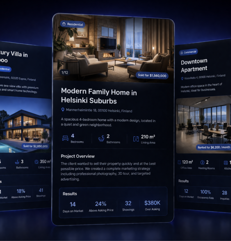 Real estate listing interface on a dark background with property cards — "Modern Family Home in Helsinki Suburbs" (sold for $1,560,000), a luxury villa, and a commercial office — showing sales performance stats