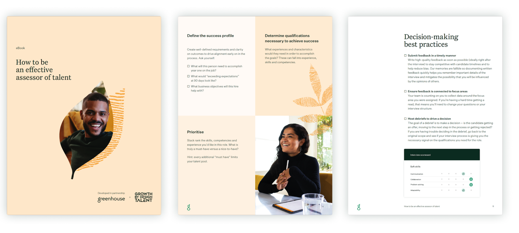 Greenhouse eBook "How to be an effective assessor of talent" shown as a three-page spread on defining success profiles and decision-making