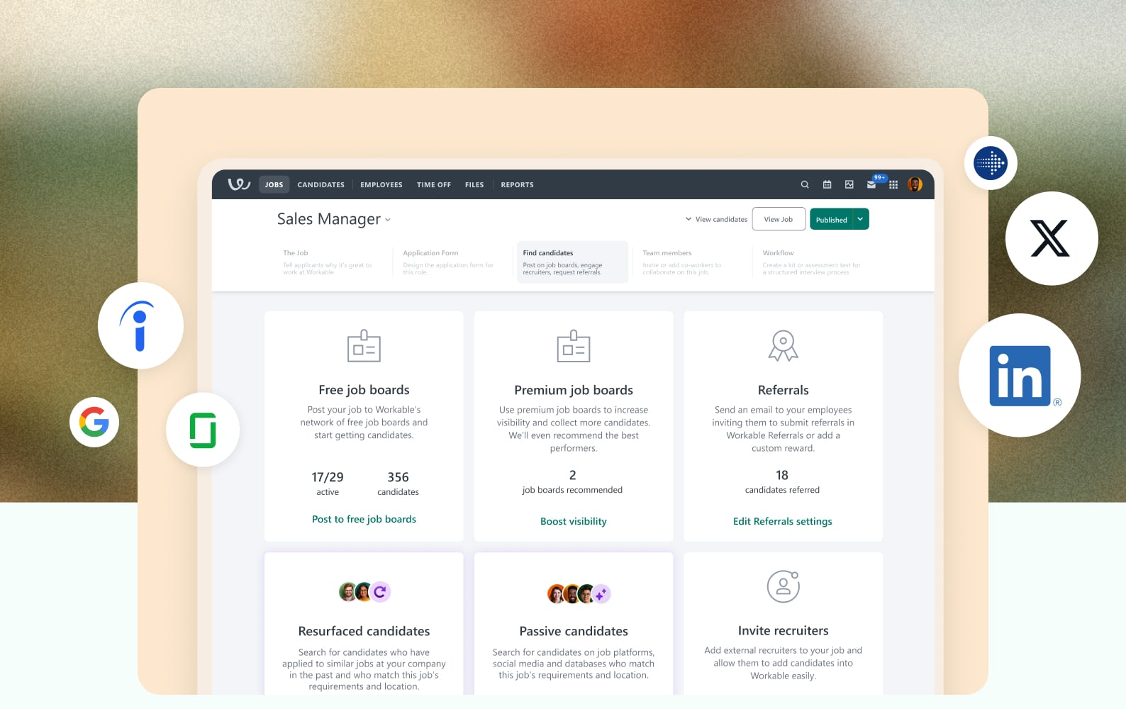 Workable Sales Manager job "Find candidates" step with free and premium job boards, referrals and integrations like LinkedIn and Indeed