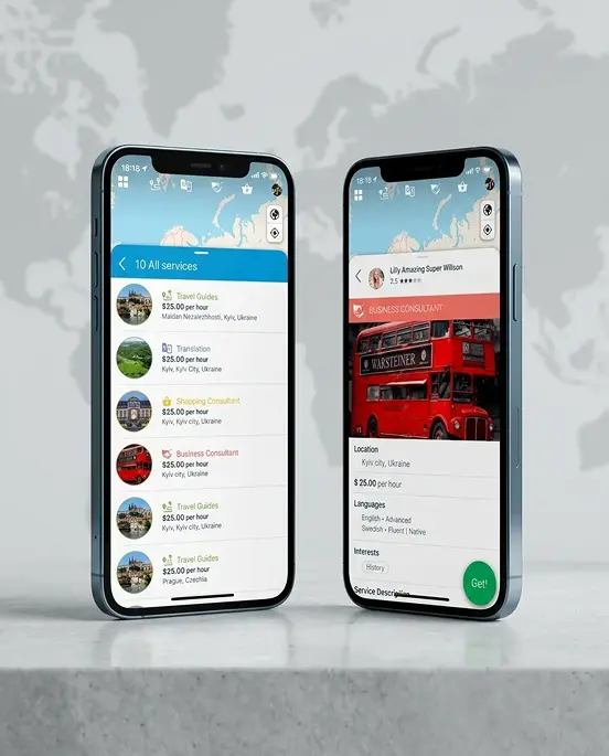 Travel marketplace app connecting users with local guides, translators, and business consultants