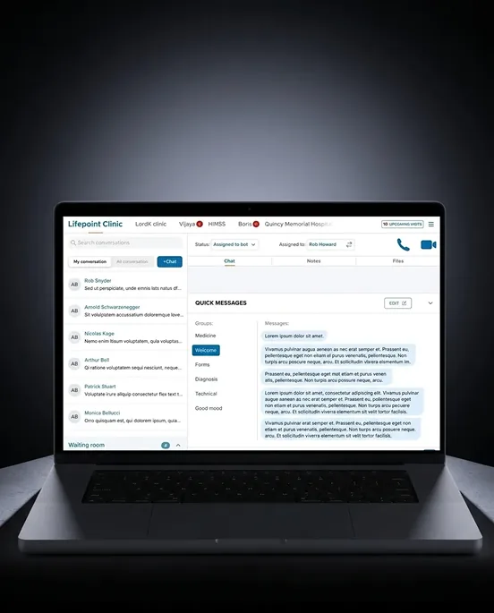 Laptop showing a clinic patient-messaging dashboard for "Lifepoint Clinic" with a conversation list, chat panel, and quick-message templates
