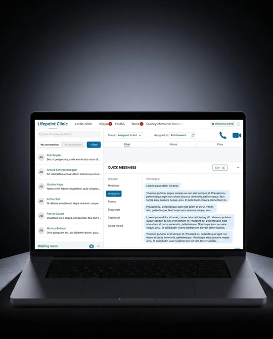 Laptop showing a clinic patient-messaging dashboard for "Lifepoint Clinic" with a conversation list, chat panel, and quick-message templates