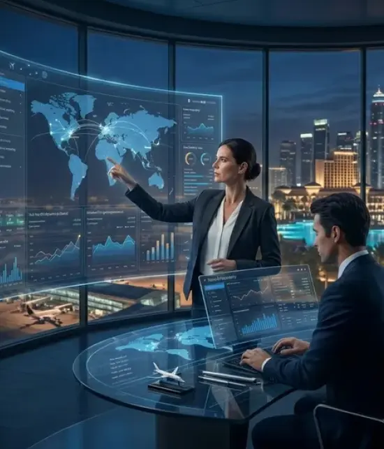 Business travel specialists analyzing global flight routes and travel data
