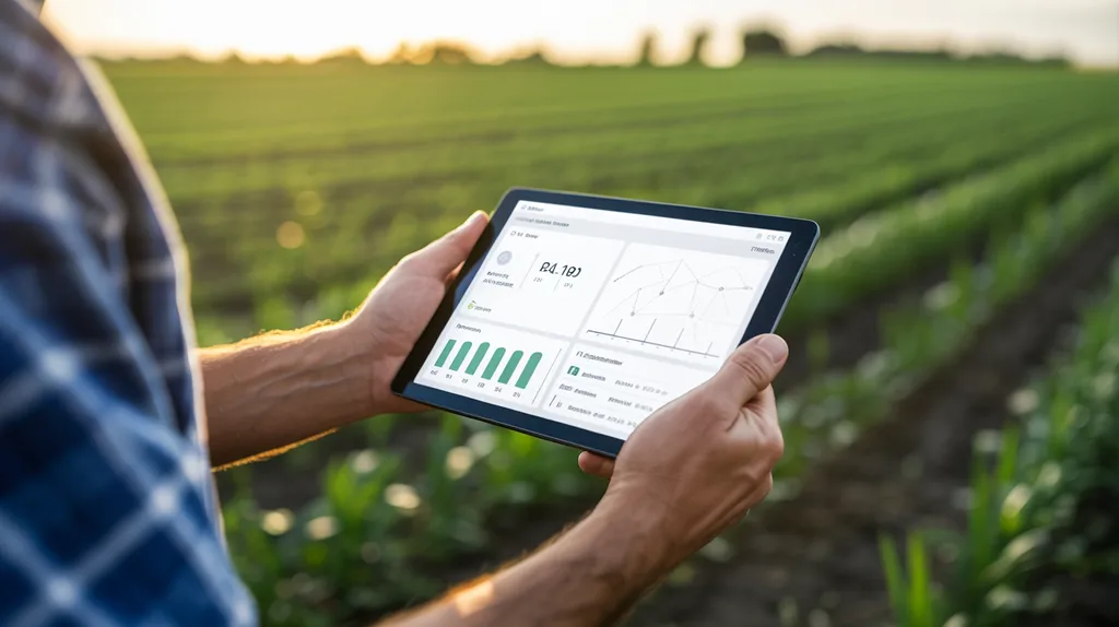 Farmer holding tablet with real-time IoT dashboard showing soil moisture and crop health data in a green field