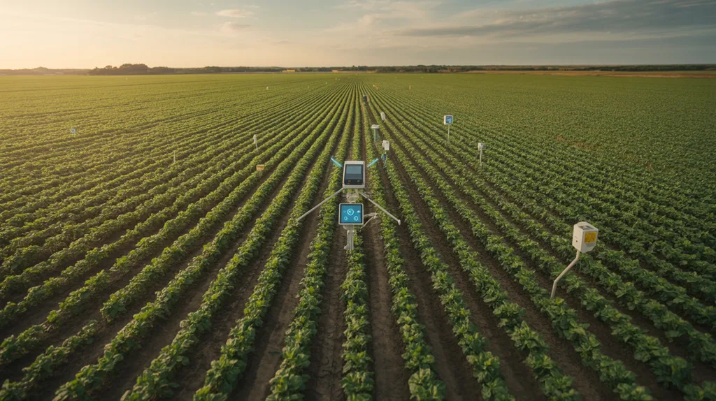 Aerial view of a smart farm with IoT sensors and weather stations in crop rows — IoT in agriculture 2026