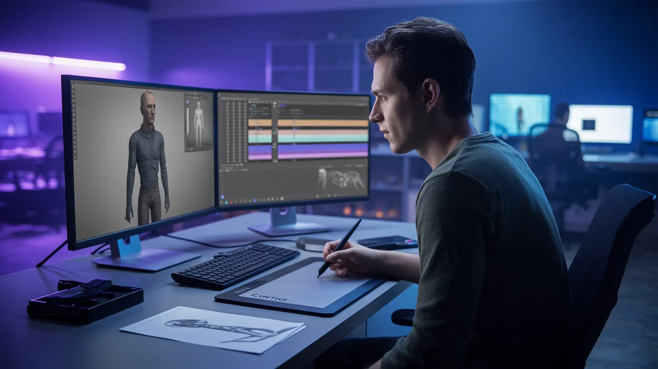 Digital artist working in a VFX production studio with AI-assisted animation tools on a large curved monitor