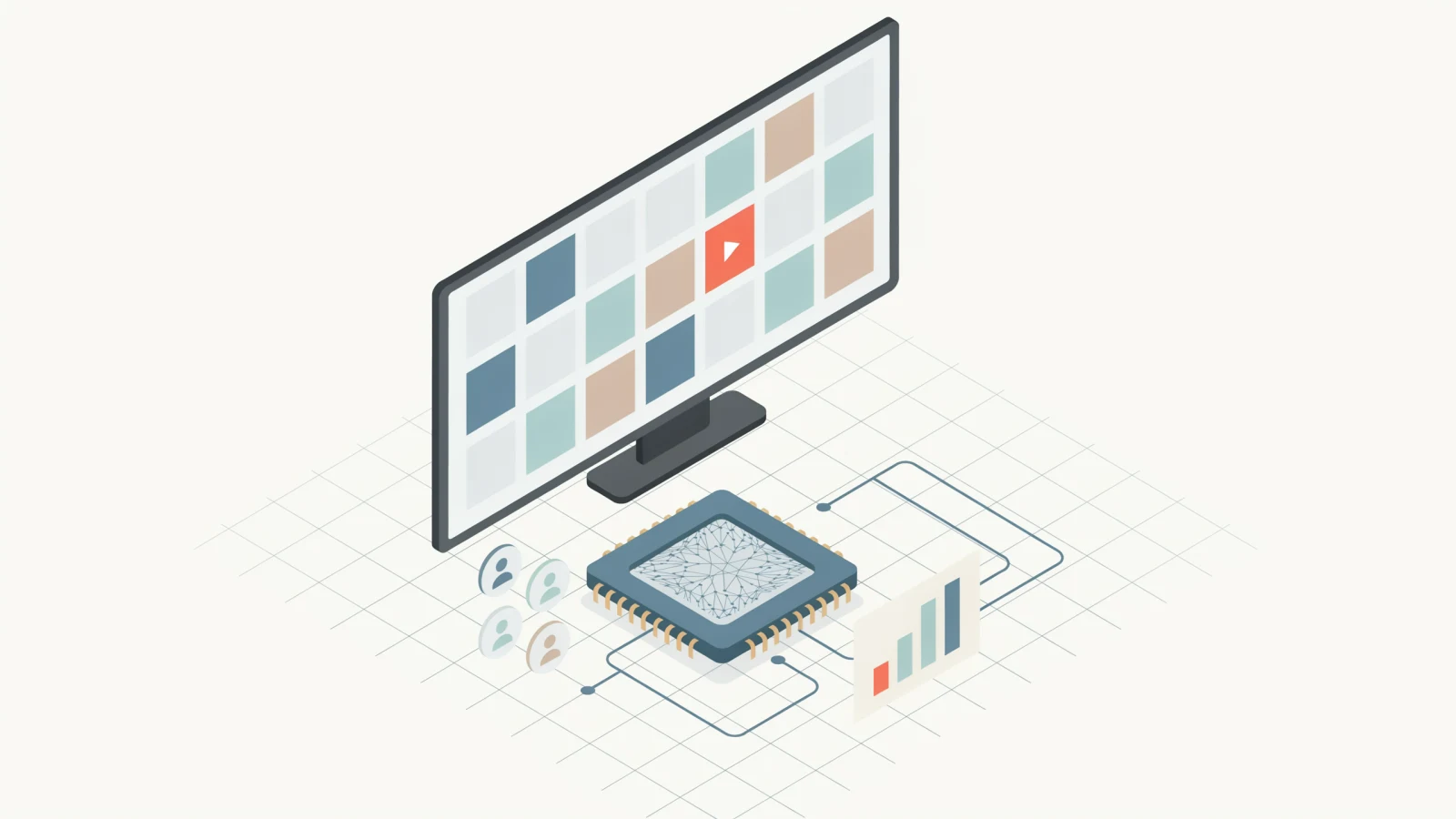 Netflix artificial intelligence: TV thumbnail grid connected to a recommendation processor chip