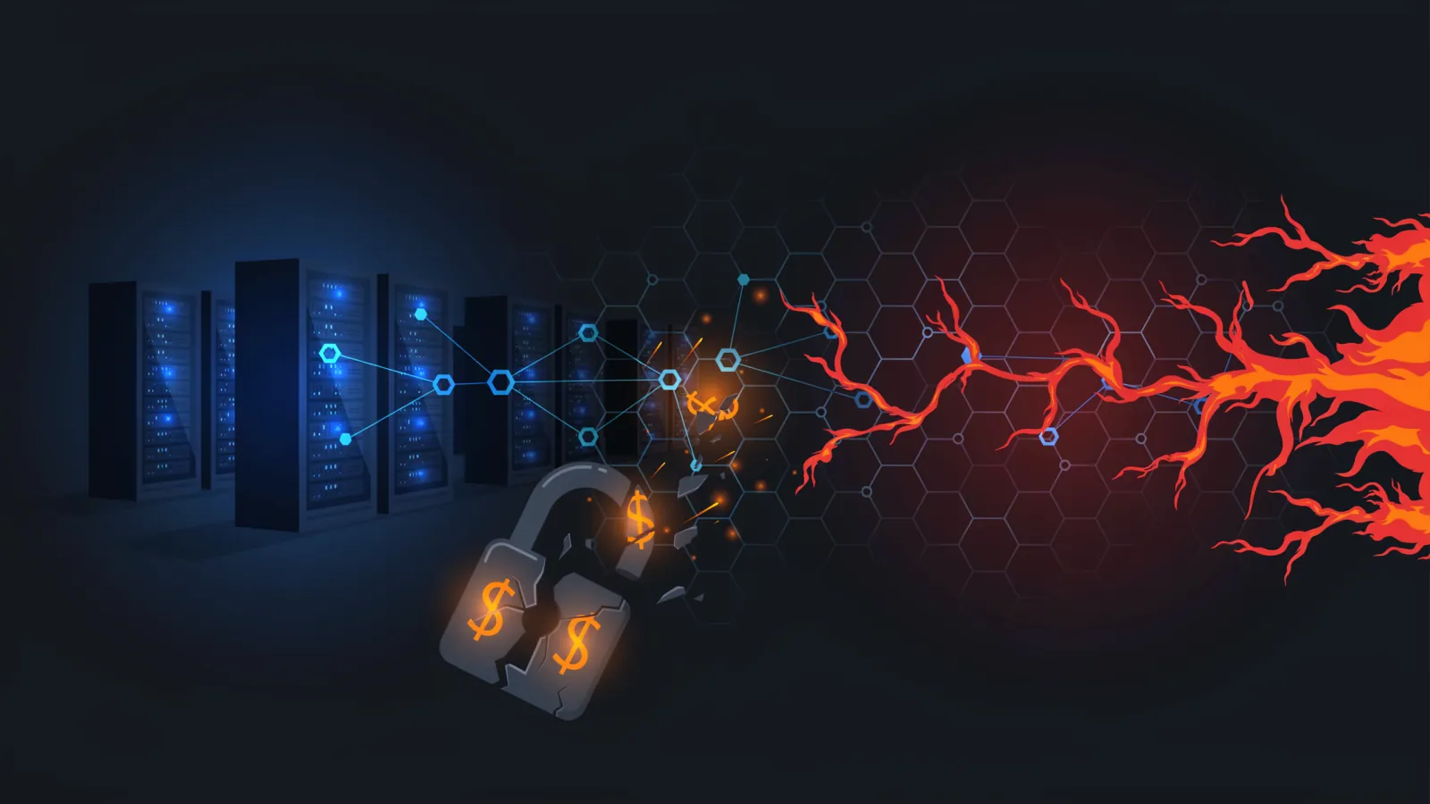 Shattered padlock with dollar signs as red malicious code spreads across a server network