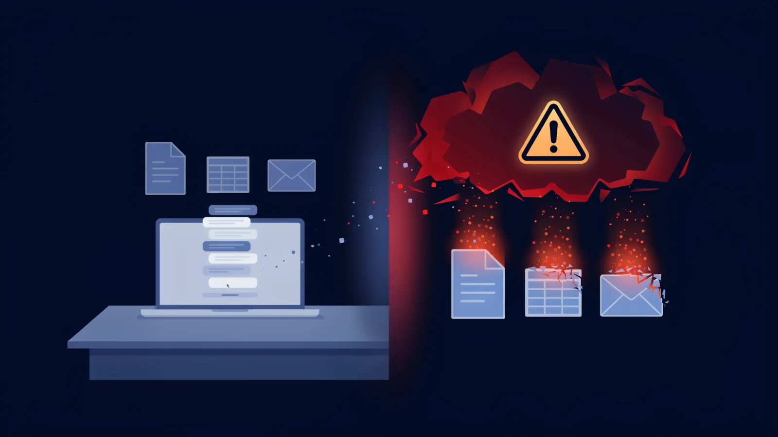 Office laptop with AI chat leaking documents into a warning cloud - shadow AI data leak risk