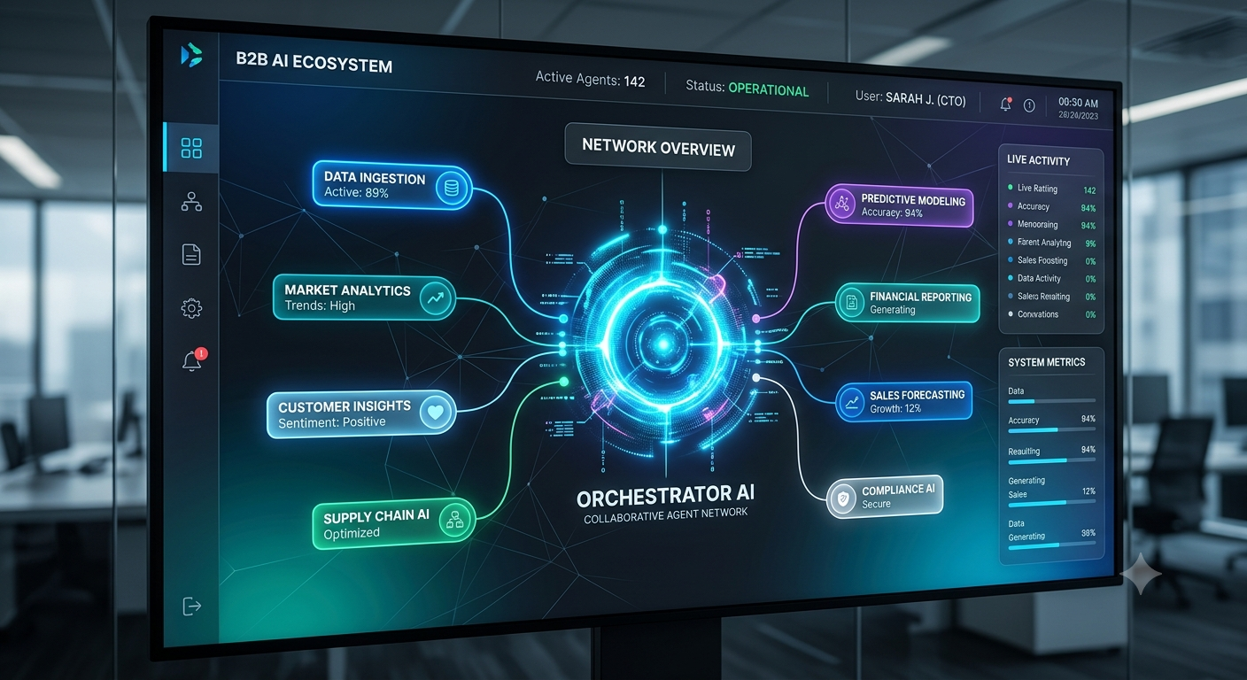 B2B AI ecosystem dashboard on an office monitor: an orchestrator AI hub linking data ingestion, market analytics, sales forecasting and compliance agents