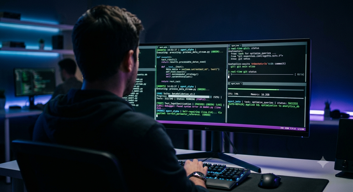 Developer at a multi-monitor workstation watching AI coding agents run tests, self-repair a syntax error and apply SQL optimizations in real time
