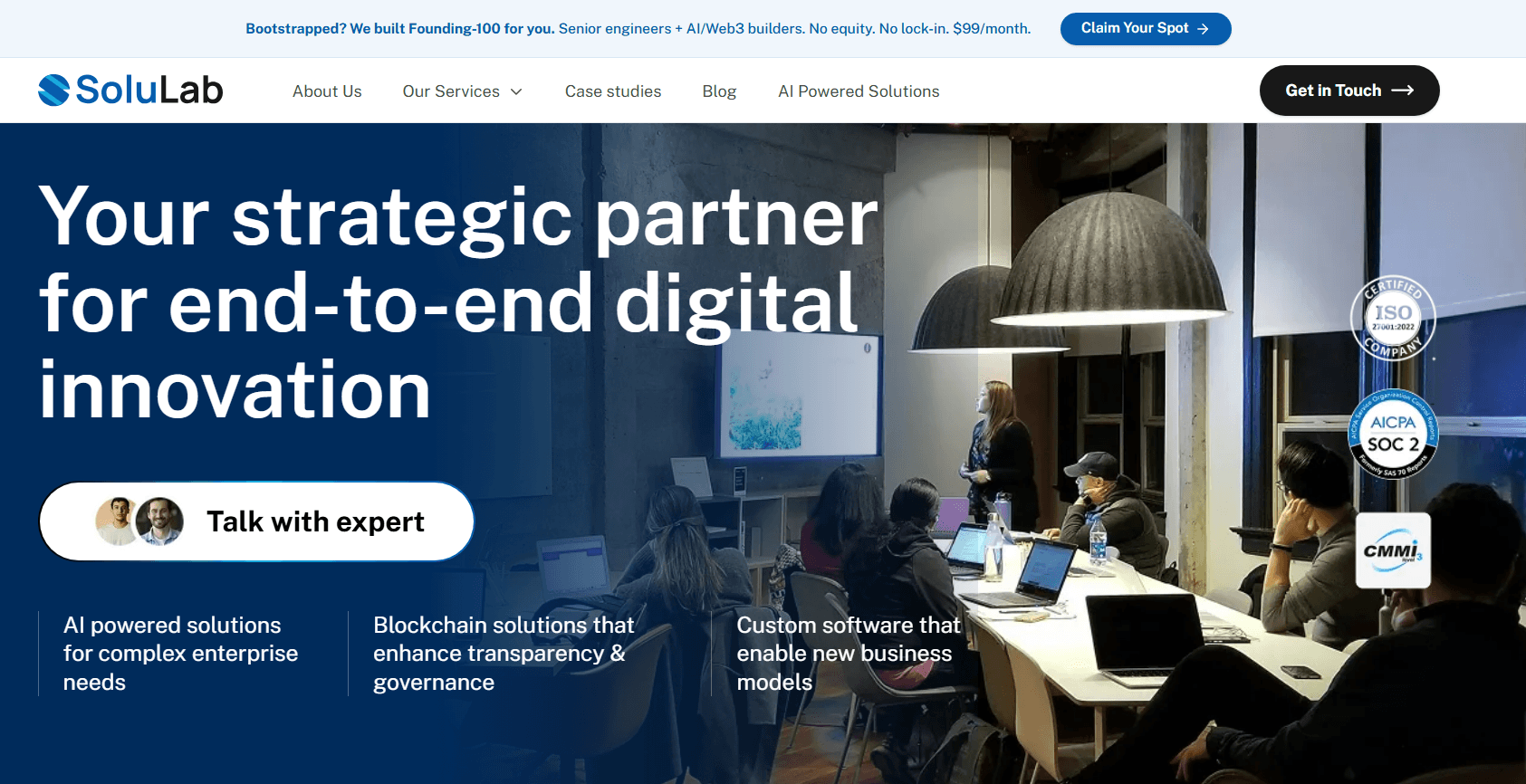 SoluLab homepage hero "Your strategic partner for end-to-end digital innovation", with a photo of a team meeting and ISO, SOC 2 and CMMI certification badges