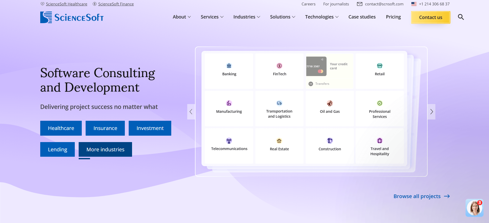 ScienceSoft homepage hero "Software Consulting and Development", showing a grid of served industries such as Banking, FinTech, Retail, Manufacturing and Healthcare