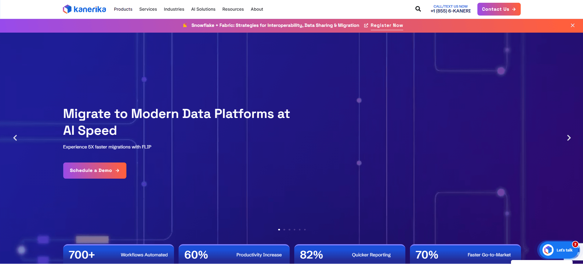 Kanerika homepage hero "Migrate to Modern Data Platforms at AI Speed", with metrics for workflows automated, productivity increase and faster reporting