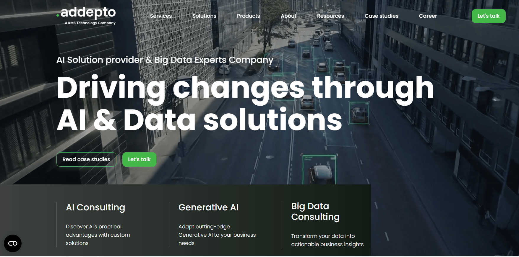 Addepto homepage hero "Driving changes through AI & Data solutions", over a city street where AI object detection highlights cars, listing AI, Generative AI and Big Data consulting