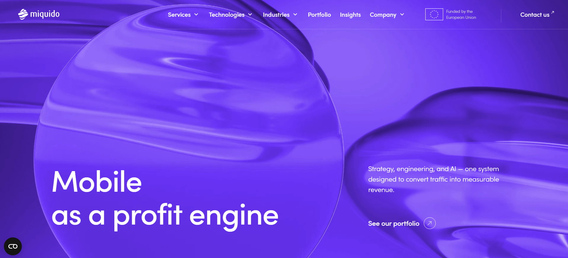 Miquido homepage hero "Mobile as a profit engine", featuring a large glossy purple 3D sphere on a violet background