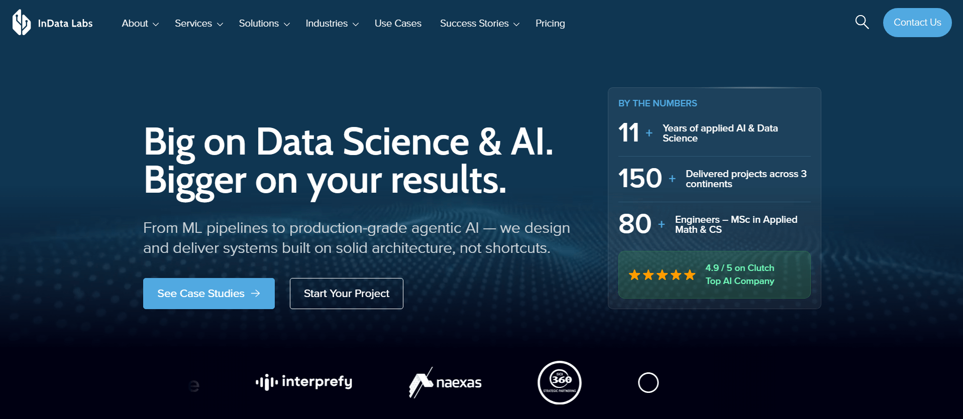 InData Labs homepage hero "Big on Data Science & AI. Bigger on your results.", with by-the-numbers stats and a 4.9/5 Clutch top AI company rating