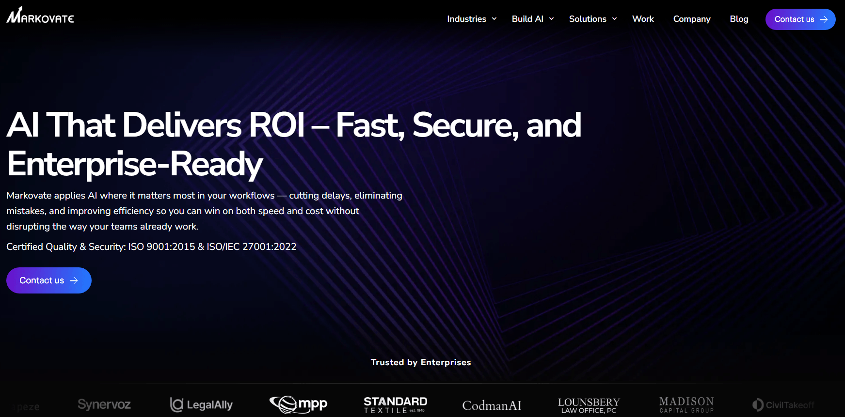 Markovate homepage hero "AI That Delivers ROI – Fast, Secure, and Enterprise-Ready", on a dark geometric background noting ISO 9001 and 27001 certification