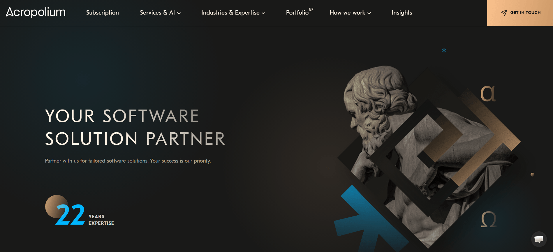 Acropolium homepage hero "Your software solution partner" with a stylised Greek statue and a 22 years expertise badge