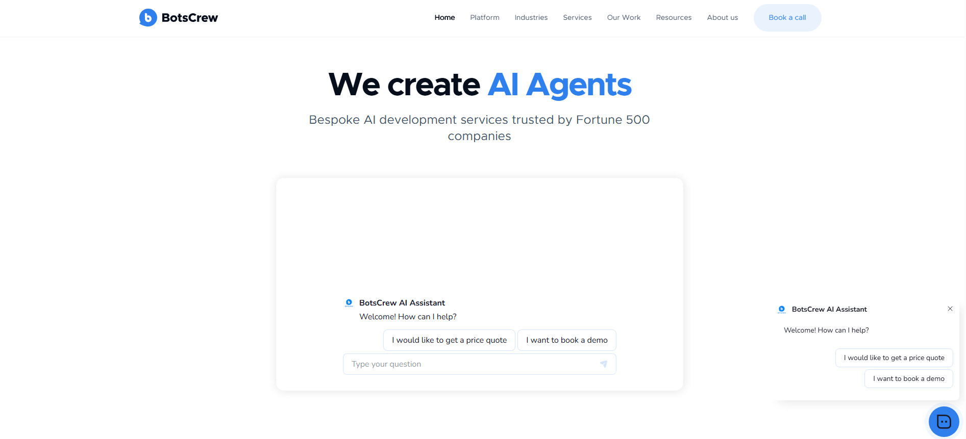 BotsCrew homepage hero "We create AI Agents" with a live AI assistant chat widget offering price quote and demo booking options