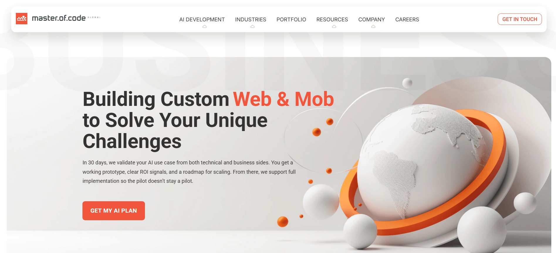 Master of Code Global homepage hero: Building Custom Web & Mob to Solve Your Unique Challenges, with a Get My AI Plan button
