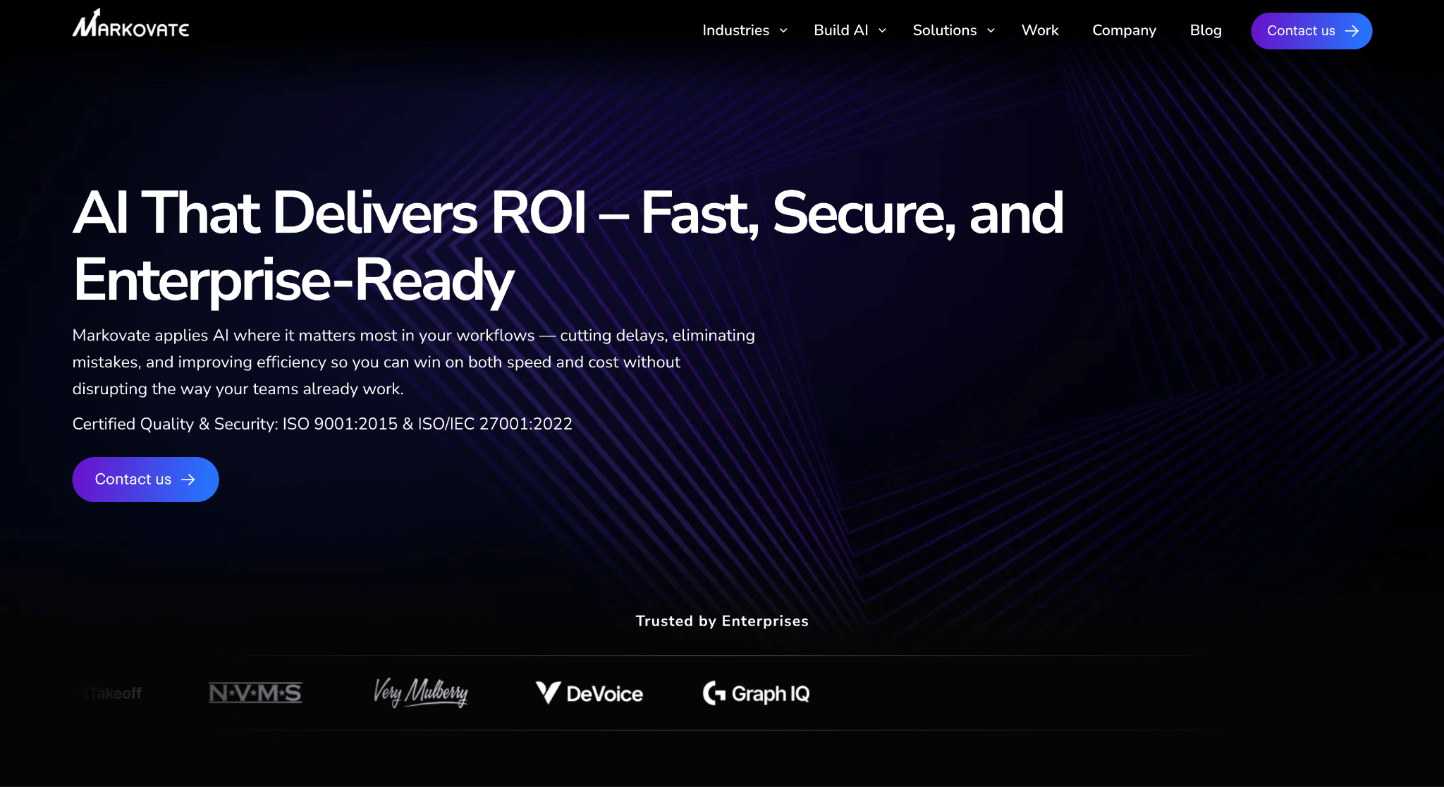 Markovate homepage hero: AI That Delivers ROI — Fast, Secure, and Enterprise-Ready, listing ISO 9001 and ISO 27001 certifications